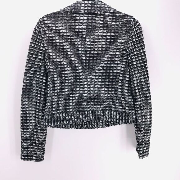 Tory Burch Tweed Moto Jacket Black Knit Zip Front Leather Trim Small Old Money - Picture 6 of 11